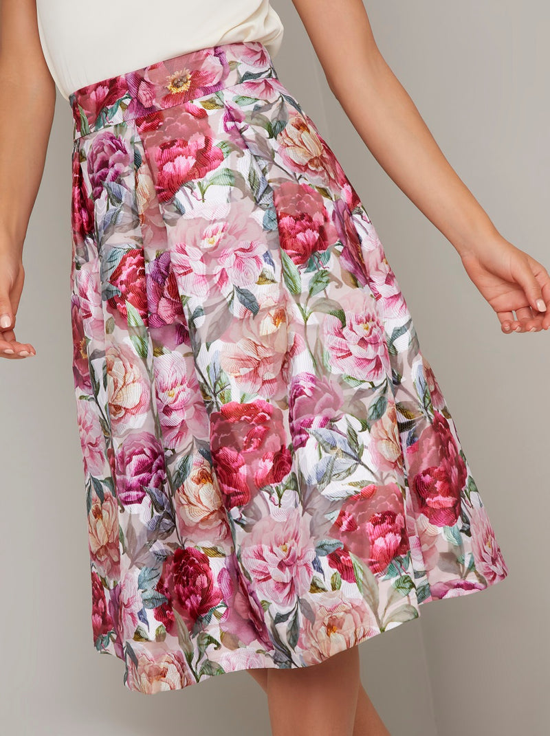 Bold Floral Print Midi Skirt in Multi