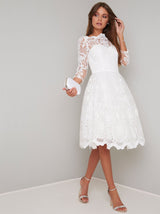 Lace Embroidered Long Sleeve Tulle Midi Dress in White