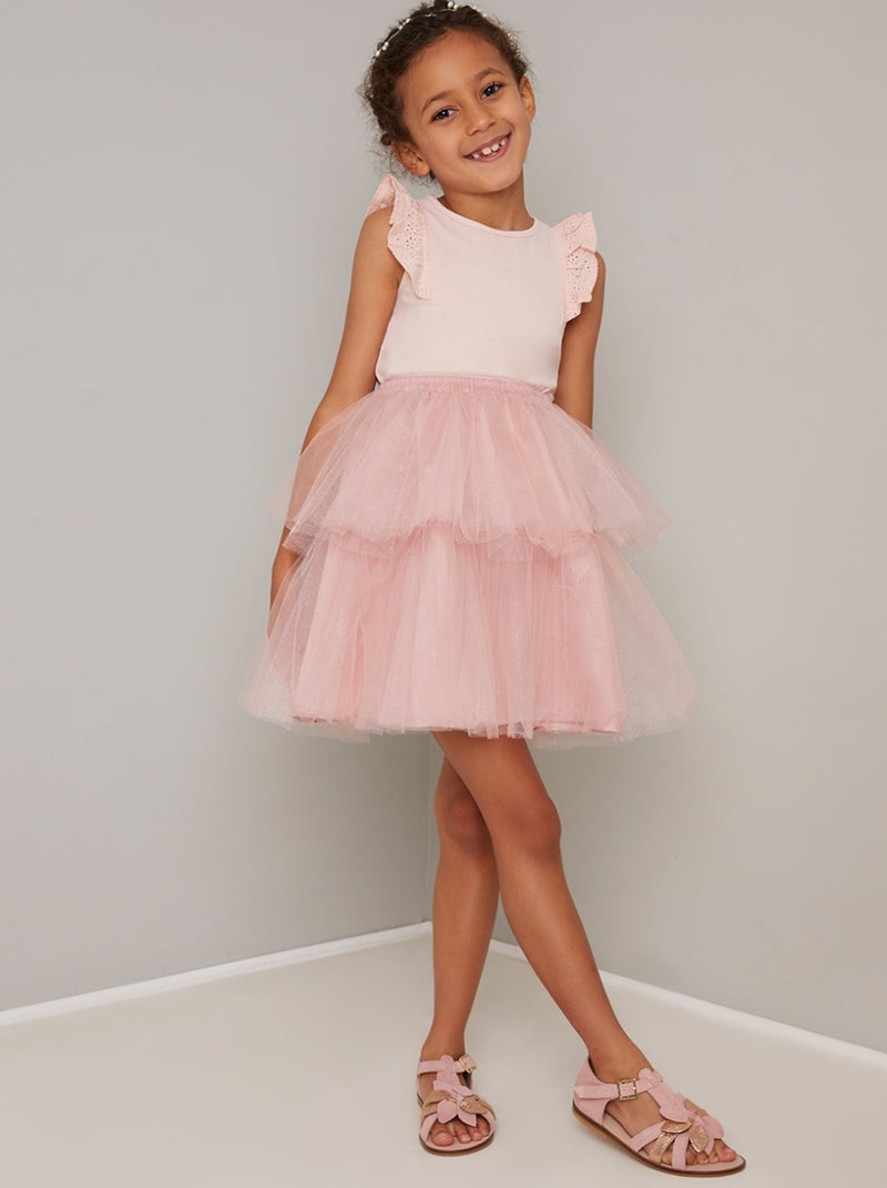 Girls Tulle Tiered Midi Dress in Pink