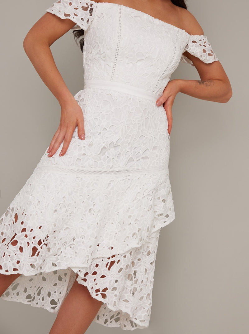 Bardot Premium Lace Peplum Hem Midi Dress in White