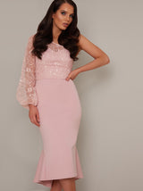 Lace Overlay Bodycon Peplum Hem Midi Dress in Pink