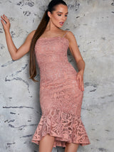 Premium Lace Fluted Hem Midi Dress in Rose Gold