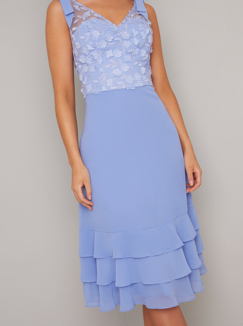 Floral 3D Bodice Ruffle Hem Midi Dress In Blue