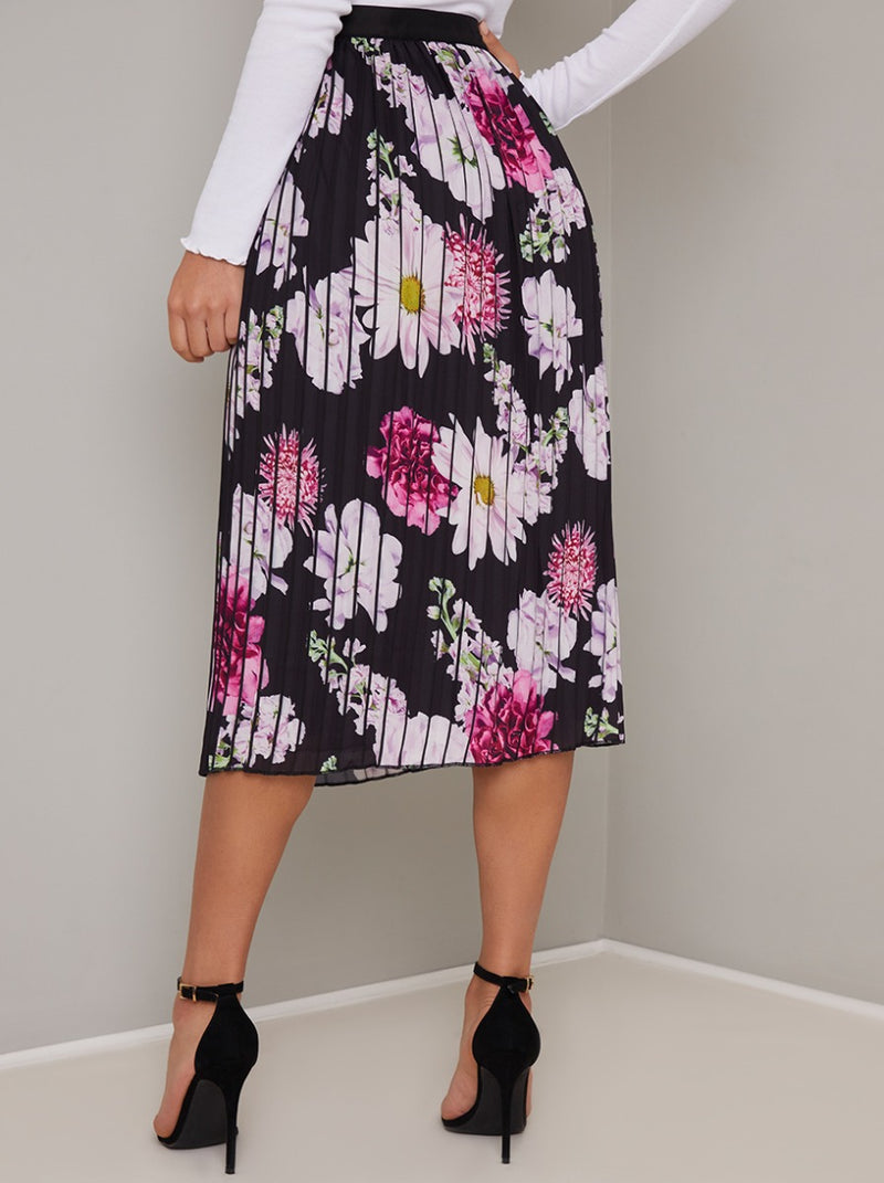 Floral Print Pleated Midi Skirt in Blue