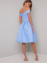 Fold-Over Bardot Plain Midi Dress in Blue