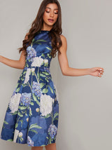 Bold Floral Print Midi Dress in Blue