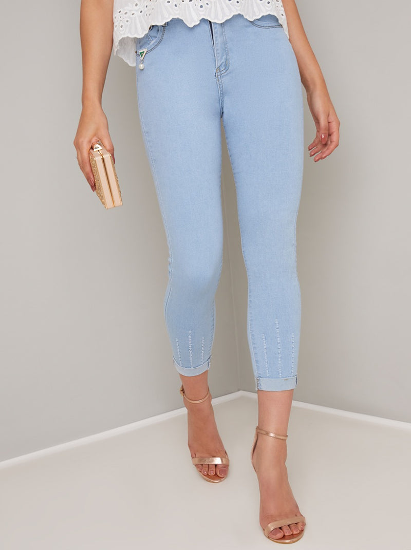 Washed Slim Fit Crop Jeans in Blue