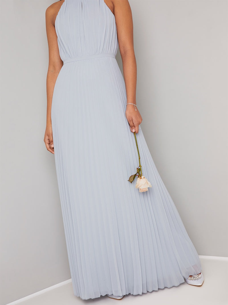 Halter Neck Detail Pleat Bridesmaid Maxi Dress in Blue