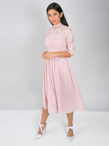 Lace Bodice 3/4 Sleeved Midi Dress in Pink