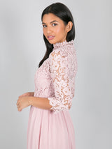 Lace Bodice 3/4 Sleeved Midi Dress in Pink