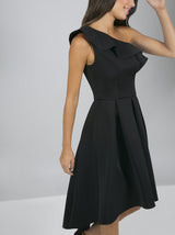 One Shoulder Frill Detail Midi Dress In Black