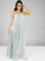 Halter Style Lace Bodice Maxi Dress in Green