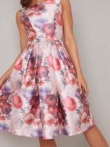 Floral Print Midi Dress with Fitted Bodice in Pink