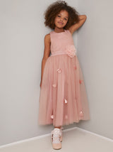 Girls 3D Floral Tulle Flowergirl Maxi Dress in Pink