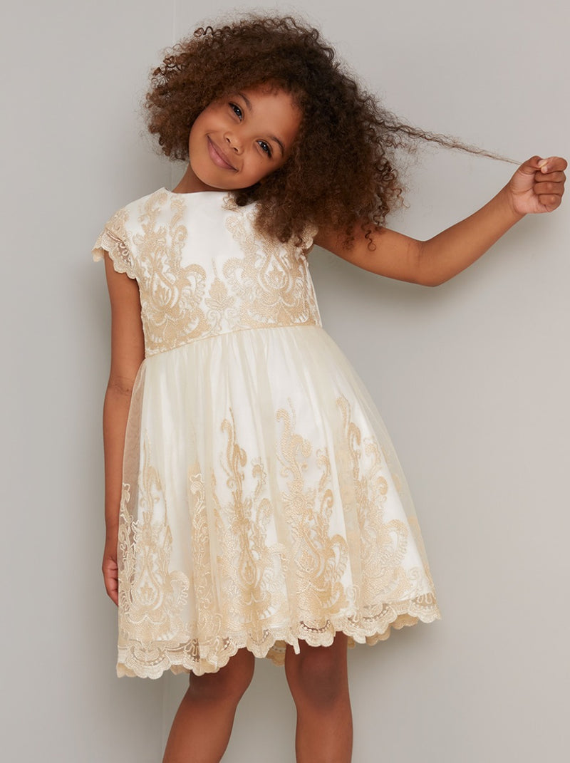 Girls Embroidered Lace Midi Dress in Cream