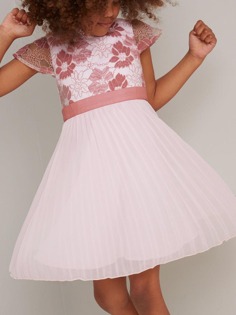 Girls Lace Bodice Pleat Party Dress in Pink