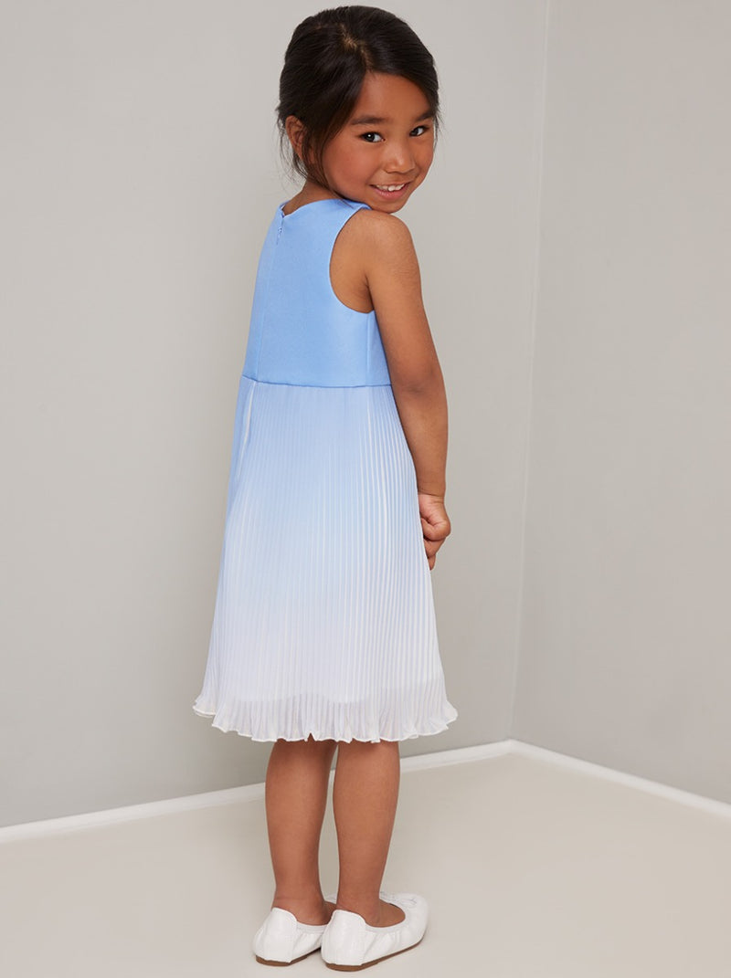 Blue Pleated Girls Midi Dress in Ombre