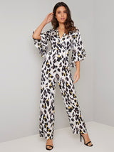 Animal Print Wide Leg Jumpsuit in White
