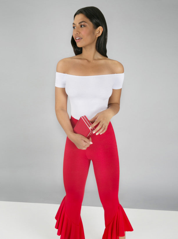 Draped Frill Crop Trousers in Red