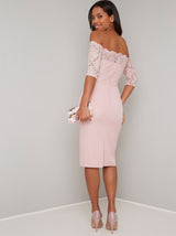 Lace Bodice Bodycon Midi Dress in Pink