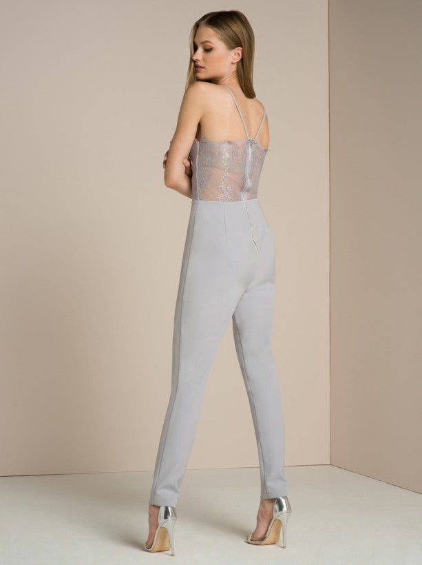 Sheer Lace Back Slim Fit Jumpsuit in Grey