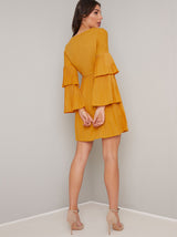 Tiered Detail Flare Sleeved Mini Dress in Yellow