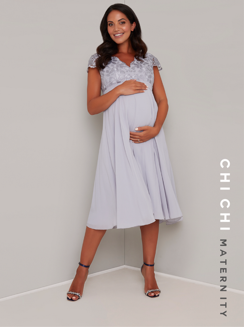 Maternity Lace Cap Sleeved Midi Dress in Blue