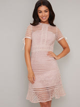 Short Sleeved Crochet Overlay Midi Dress in Pink