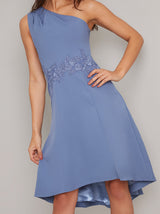 One Should Embroidered Dip Hem Midi Dress in Blue
