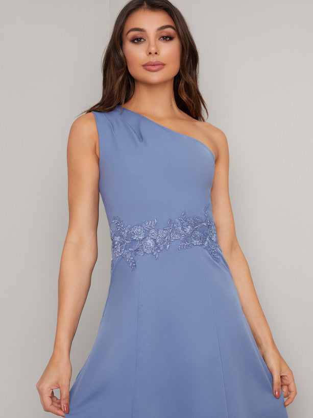 One Should Embroidered Dip Hem Midi Dress in Blue