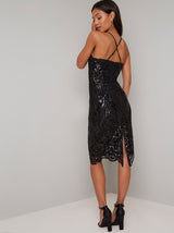 Cami Strap Sequin Overlay Midi Dress in Black