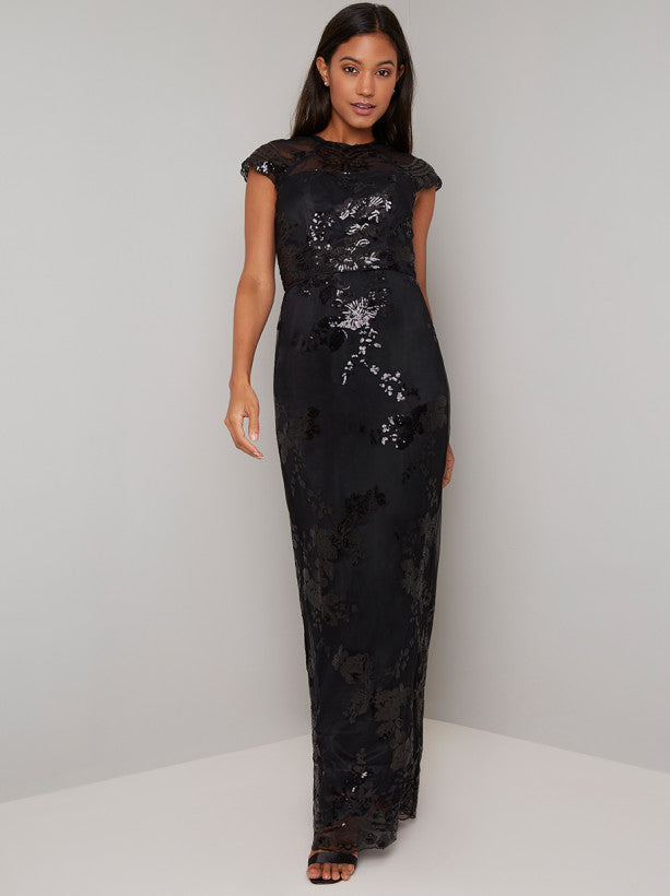 Sequin Embellished Fishtail Maxi Dress in Black