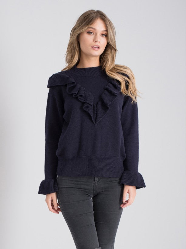 Ruffle Detail Knitted Jumper In Navy