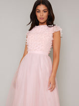 Floral 3D Bodice Tulle Midi Dress in Pink
