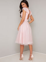 Floral 3D Bodice Tulle Midi Dress in Pink