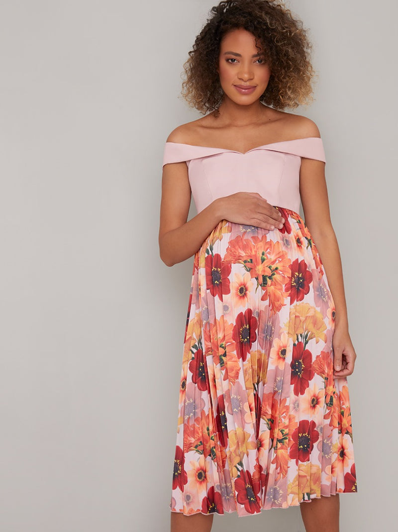 Floral Fold Over Bardot Midi Maternity Dress in Pink
