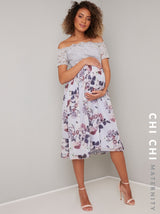 Lace Floral Print Maternity Midi Dress in Purple