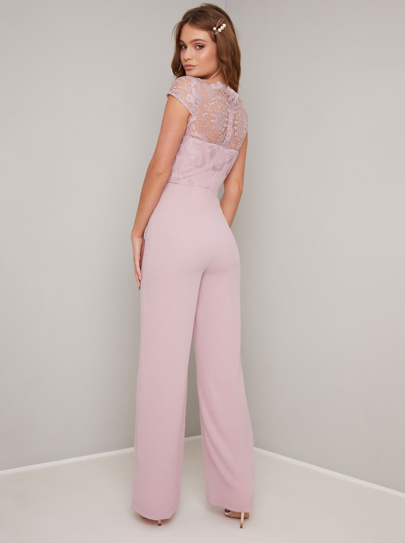 Embroidered Jumpsuit with Wide Leg Trousers in Pink