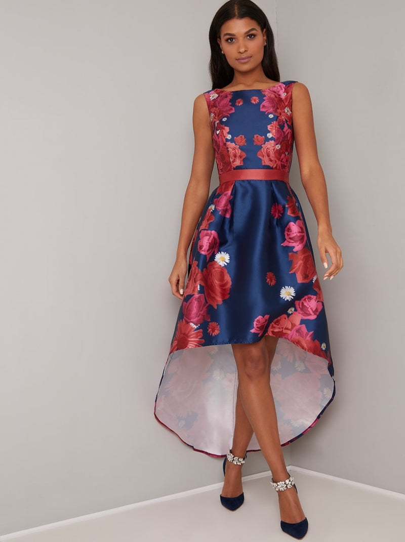 Dip Hem Floral Print Dress in Blue