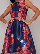 Dip Hem Floral Print Dress in Blue