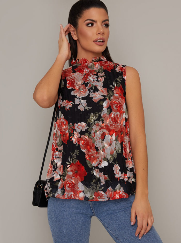 Pleated Print Shift Top in Black