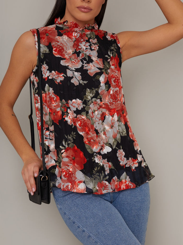 Pleated Print Shift Top in Black