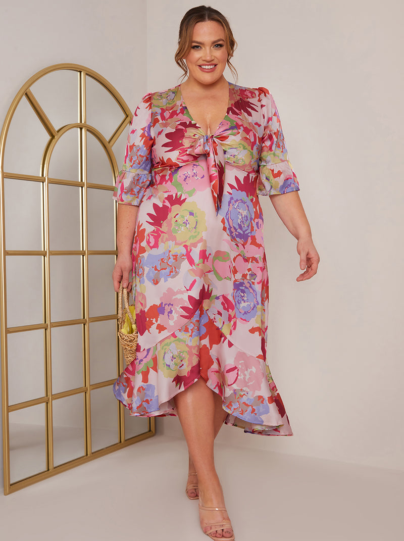 Plus Size Short Sleeve Tie Front Floral Midi Dress in Pink