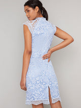 High Neck Crochet Lace Design Bodycon Dress in Blue