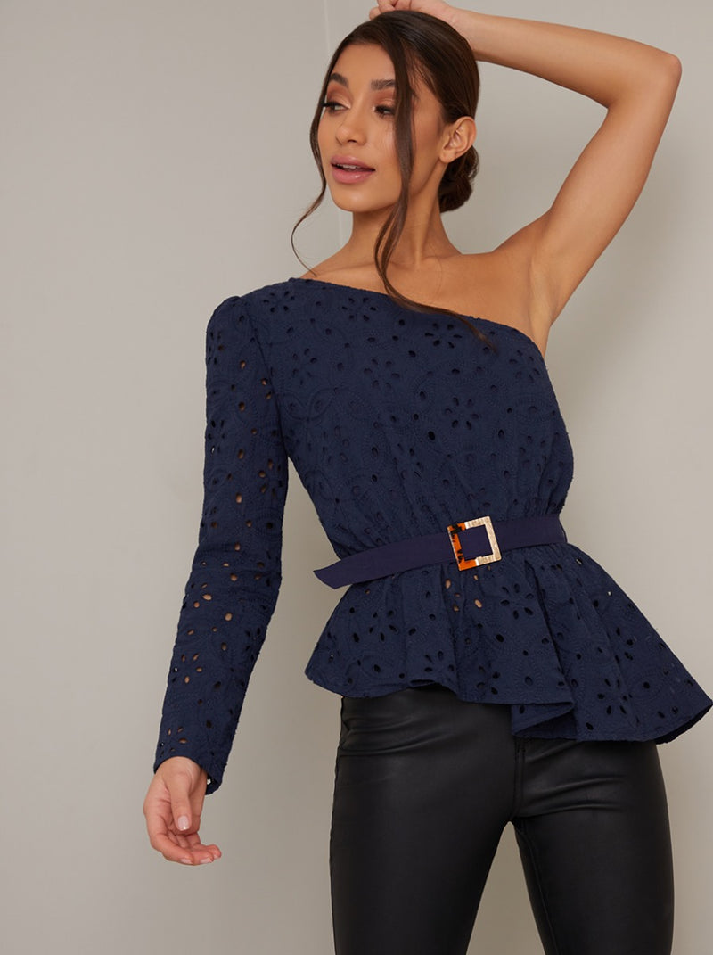 One Shoulder Lace Peplum Top in Blue