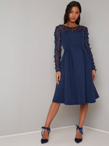 Long Sheer Sleeved Midi Dress in Blue
