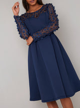 Long Sheer Sleeved Midi Dress in Blue
