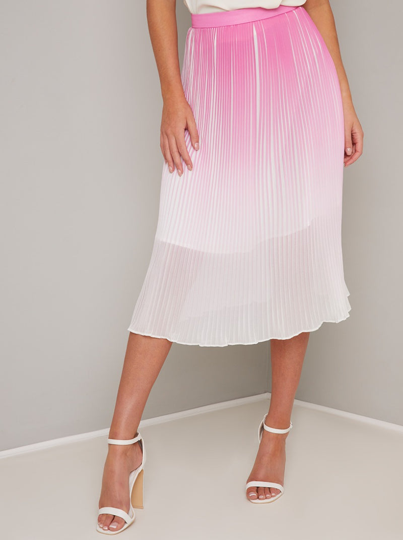 Ombre Effect Pleated A'Line Midi Skirt in Pink
