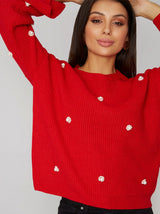 Fluted Long Sleeved Pearl Jumper in Red