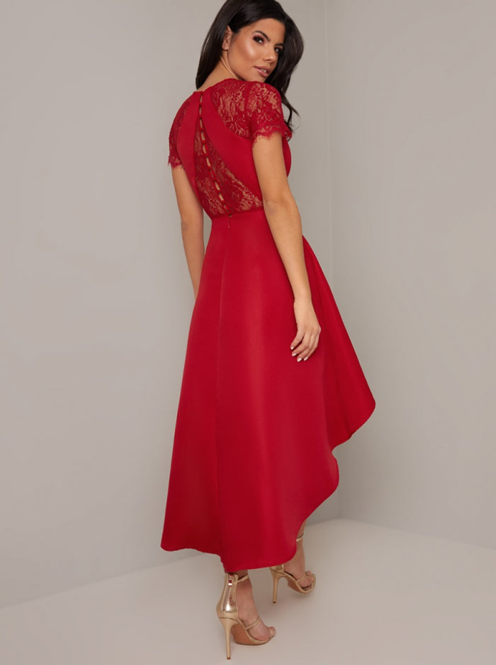 Lace Bodice Sweetheart Neck Dip Hem Midi Dress in Red